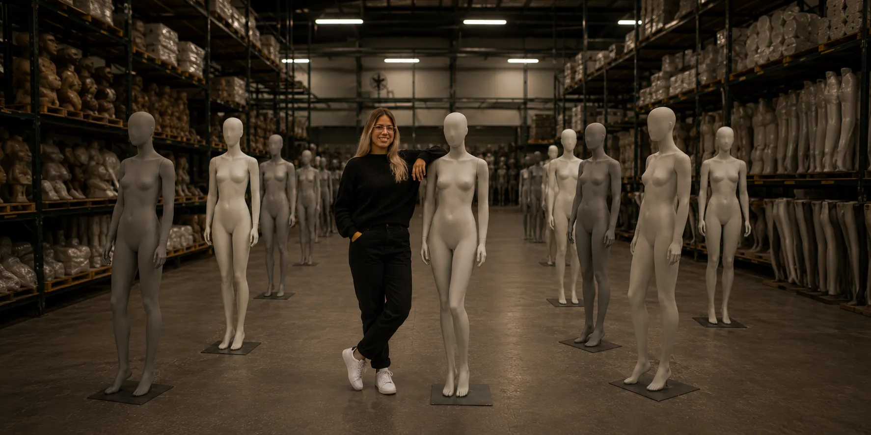 Equipe Cabides Express na fábrica, cercada de manequins